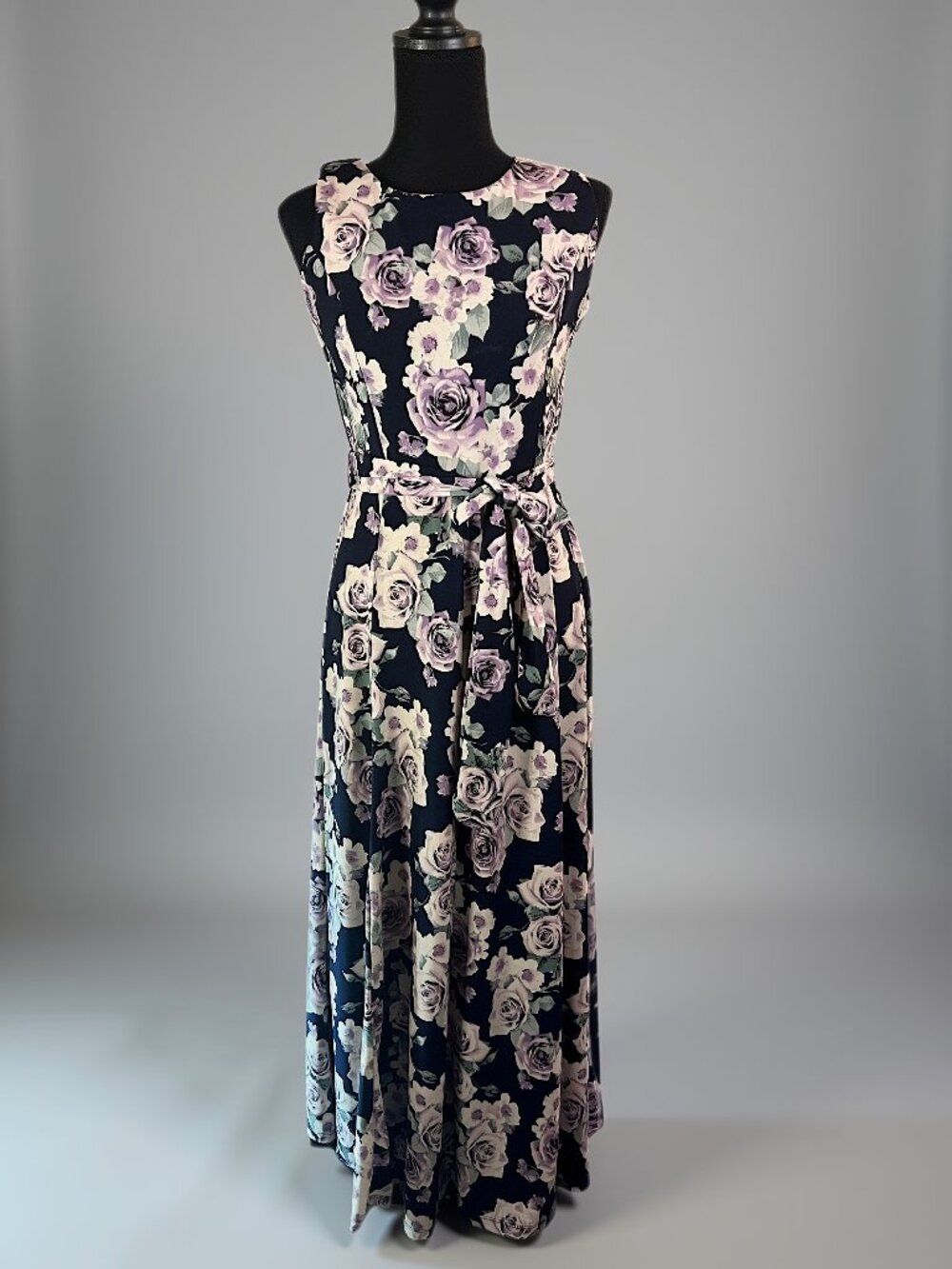 Haani Navy Blue Floral Maxi Dress Purple White Roses Sleeveless Size S